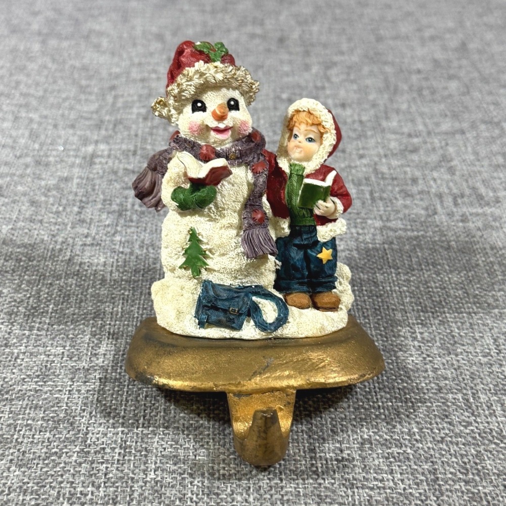 VTG K's Collection Snowman & Boy Caroling Stocking Hanger Holiday Mantel Xmas